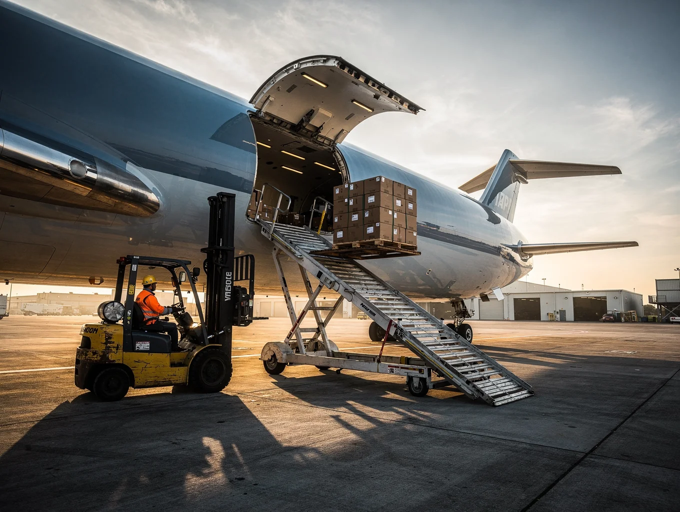 Commercial wide-body freighter receiving high-deck pallet loading on tarmac
