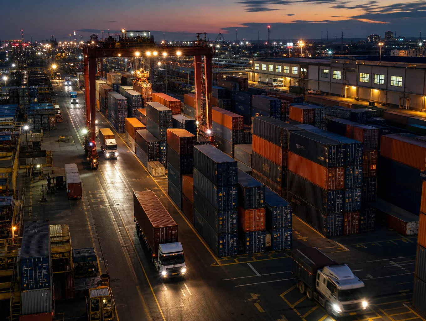 Cargo aircraft loading on tarmac next to container port at dusk