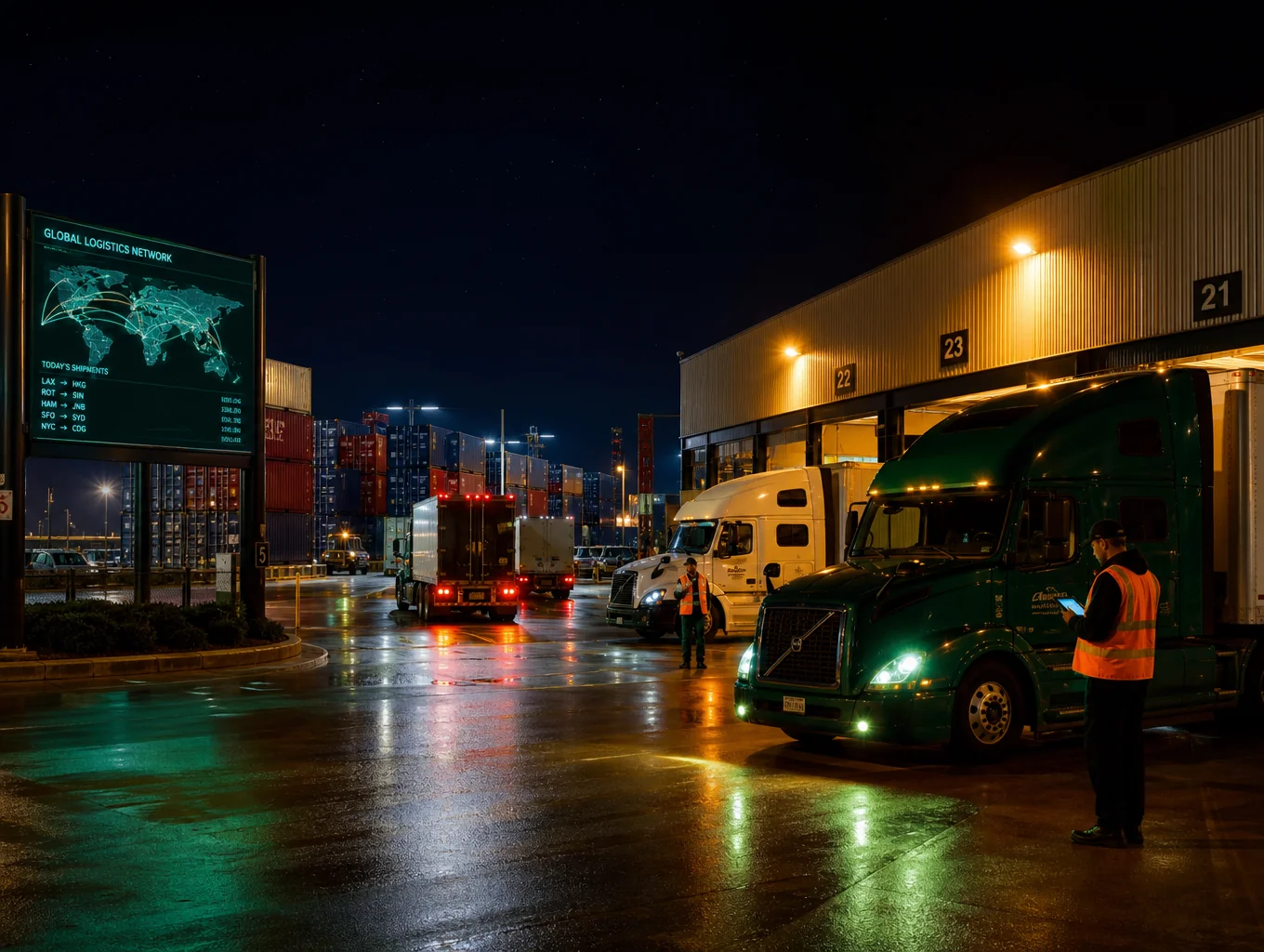 Commercial truck fleet staged at a lighted logistics loading dock