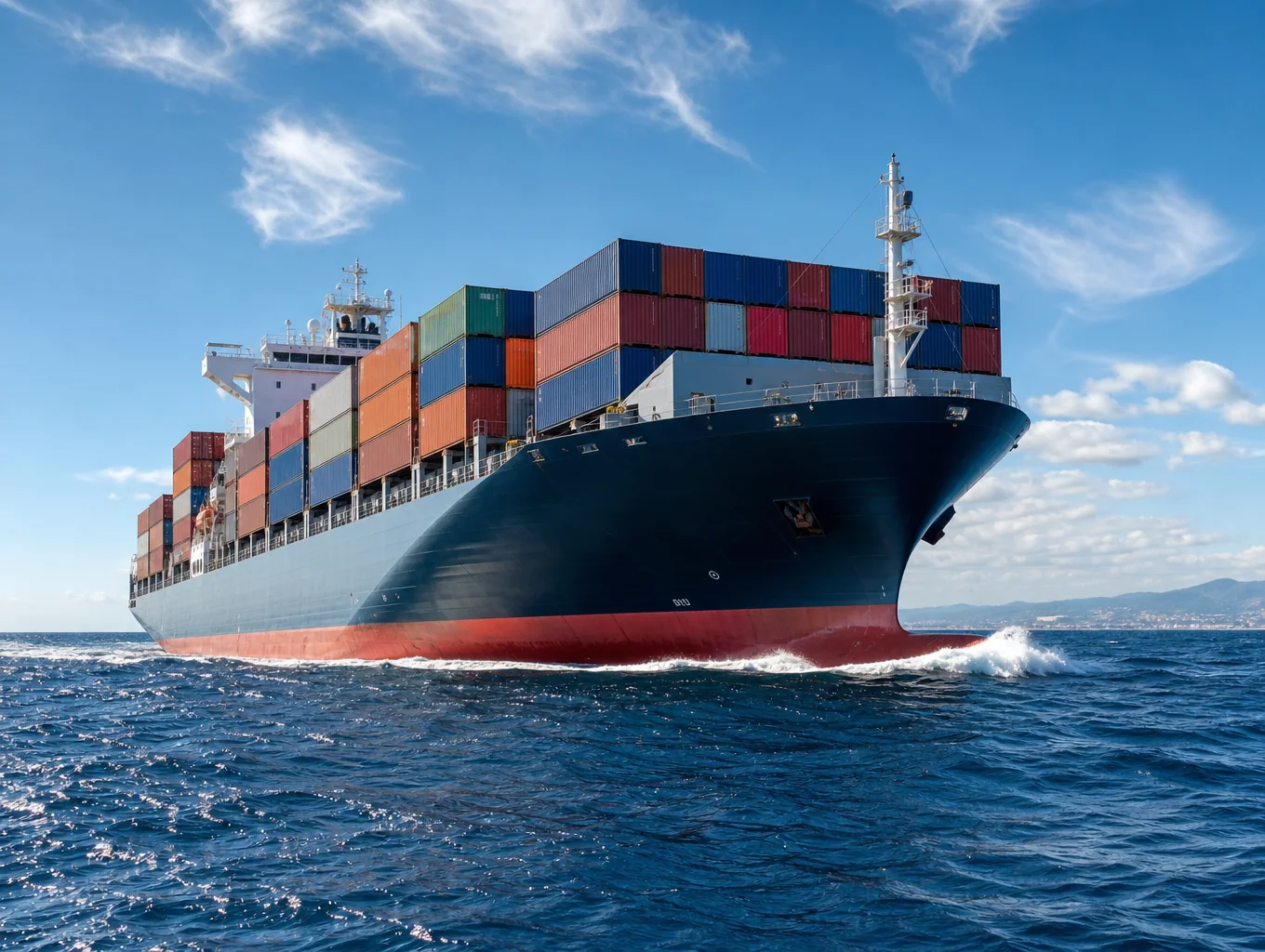 Commercial container ship navigating an open sea corridor loaded with freight containers