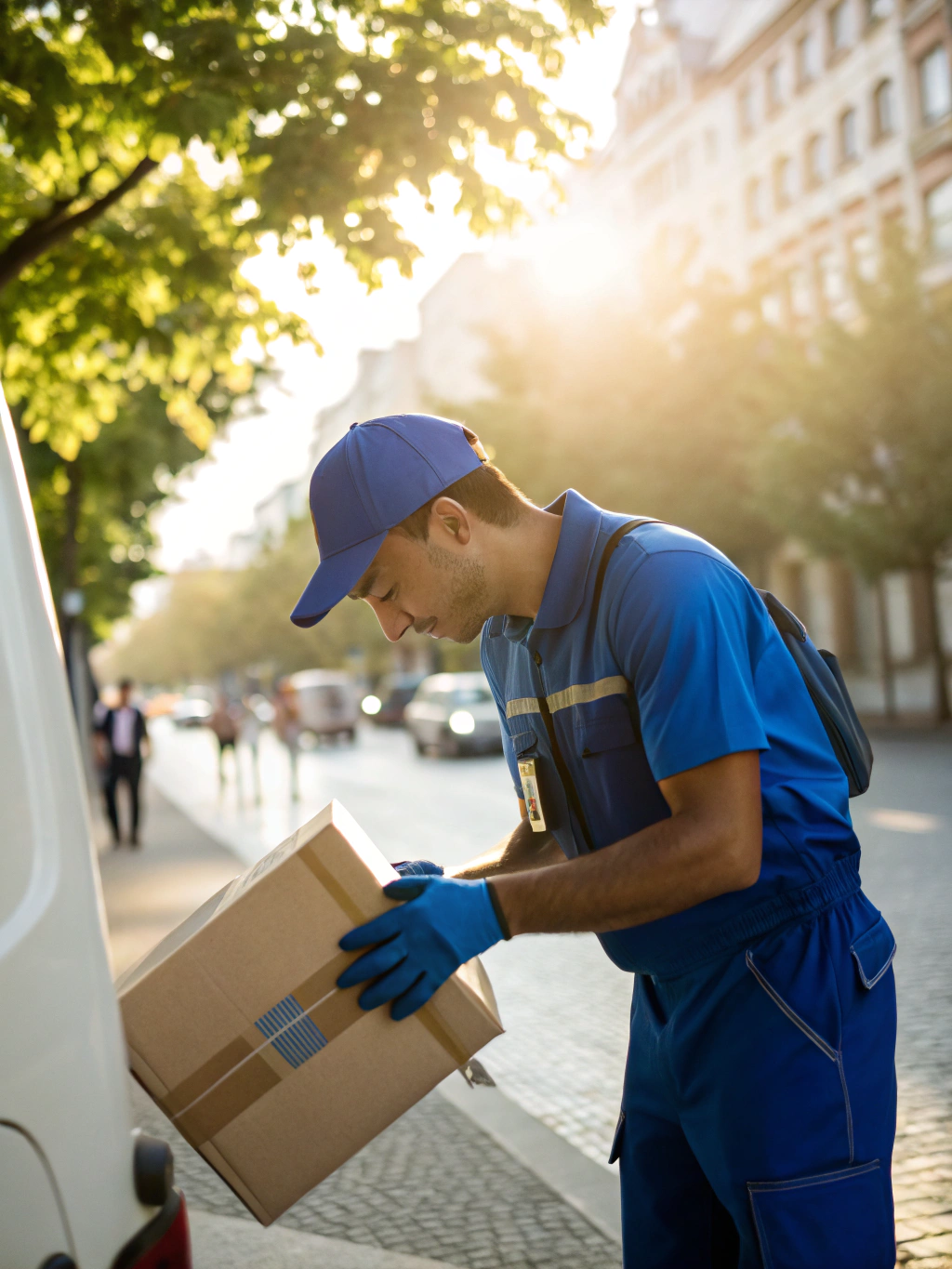 Movex priority courier unloading urgent commercial shipment outside modern commerce center