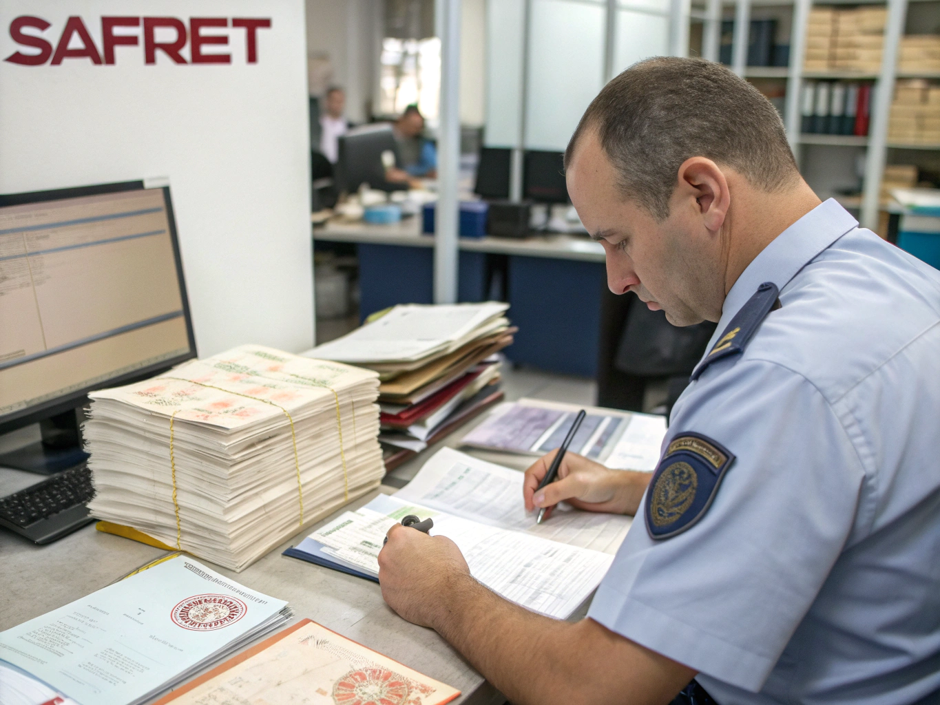 Freight documentation specialist reviewing bills of lading and customs declarations
