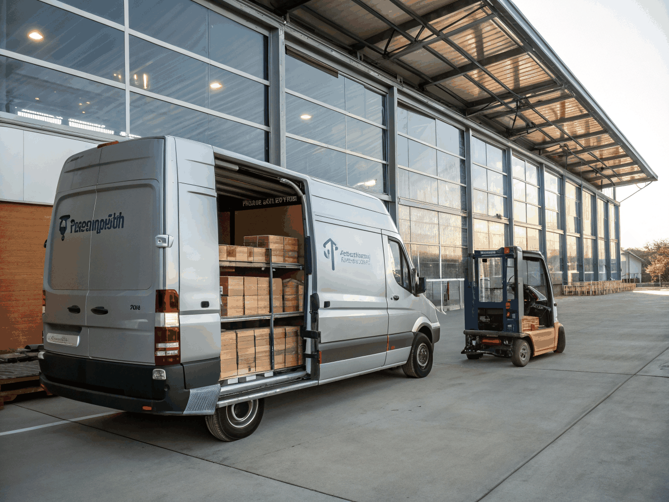 High-roof courier van parked at a rapid delivery freight terminal