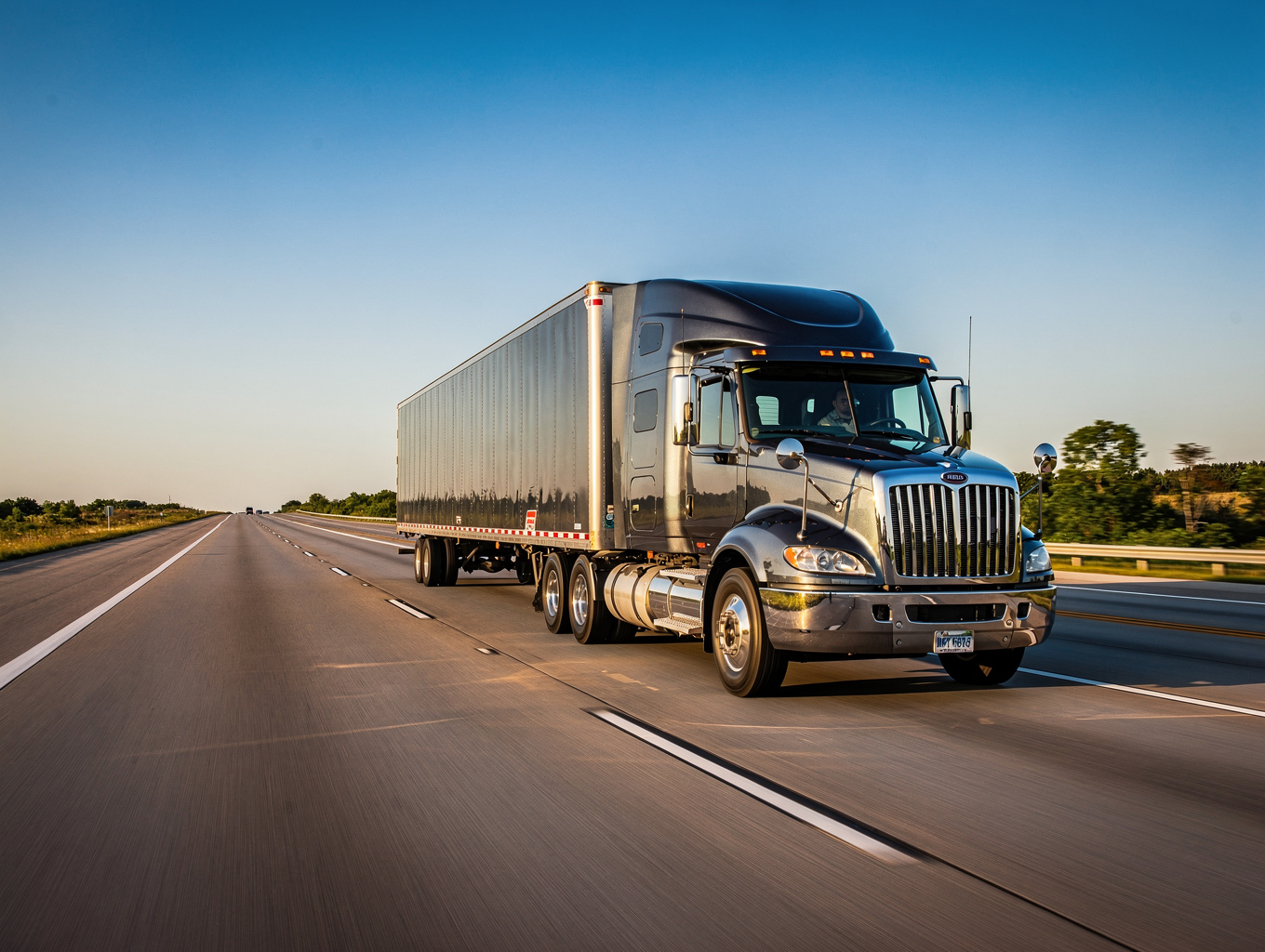 Heavy-duty logistics semi-truck traveling on an open interstate transport corridor