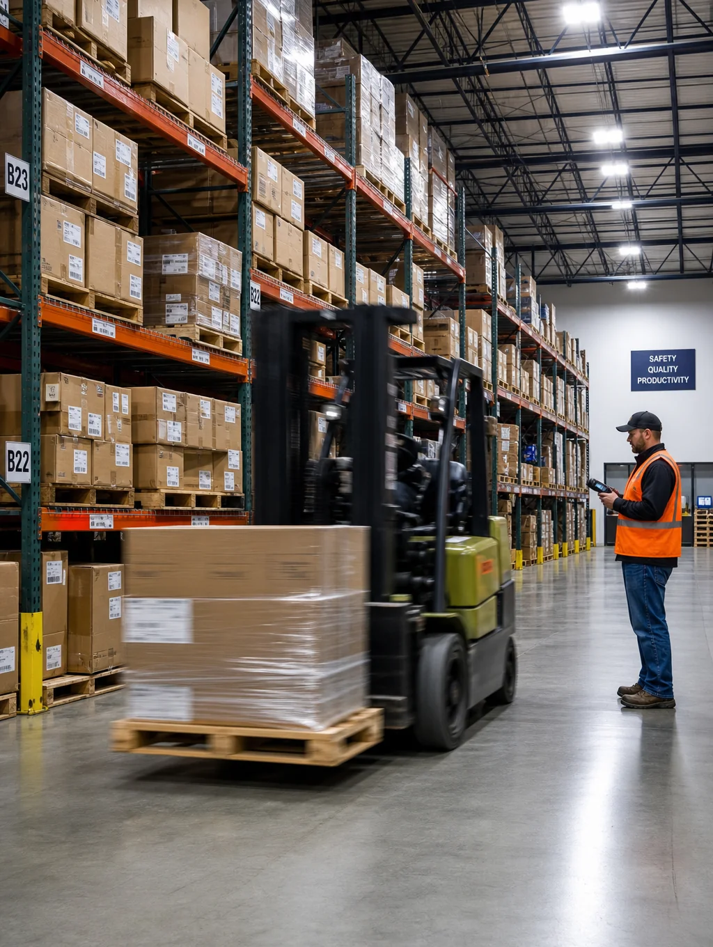 Modern high-bay logistics warehouse with organized industrial racking and clean concrete floors