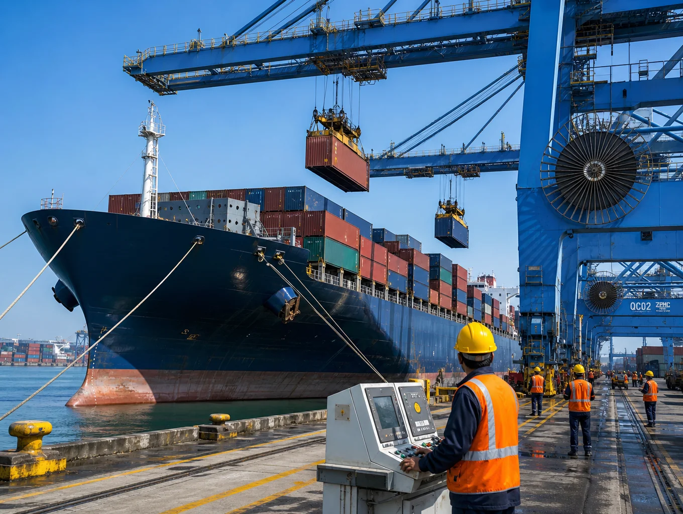 Fully laden container vessel maneuvering toward port gantry cranes