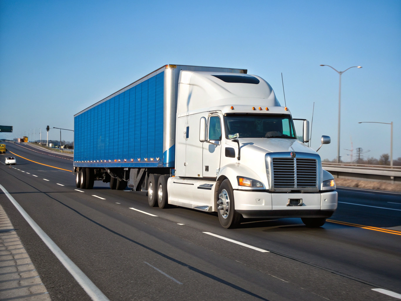 Movex Logistics modern semi-trailer truck traveling along an open interstate corridor during daylight